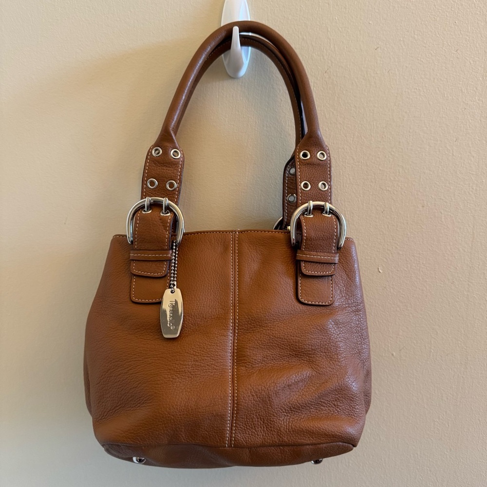 Tignanello Cognac Brown Genuine Leather Shoulder Tote Bag Silver‎ Hardware
